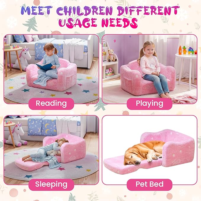 Lamerge 2-in-1 Toddler Couch,Glow in The Dark Baby Floor Bed,Foldable Toddler Chair Kids Sofa for playroom,Convertible Sofa to Lounger for Girls and Boys (Rainbow and Unicorn)