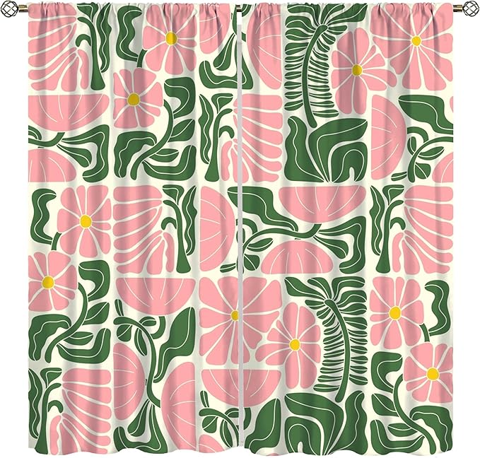 70s Flowers Curtains,Retro Geometric Boho Vintage Botanical Green Pink Flower Curtain for Bedroom Living Room Bathroom Window Curtains,70s Mid Century Flowers Window Treatments 52" W X 84" L