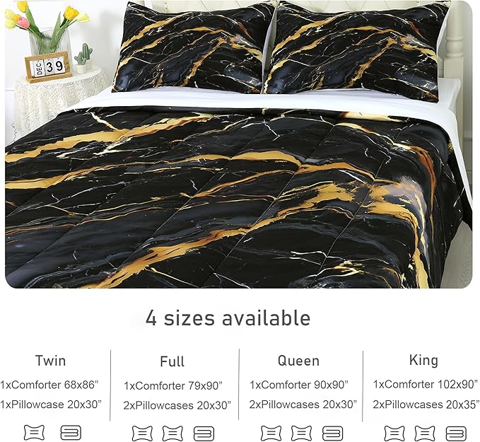 Black and Gold Comforter Set: Twin Size Black Marble Bedding Sets Abstract Marbling Quilts for Teens Kids Boys Modern Aesthetic Bed Set 1 Comforter & 1 Pillow Case