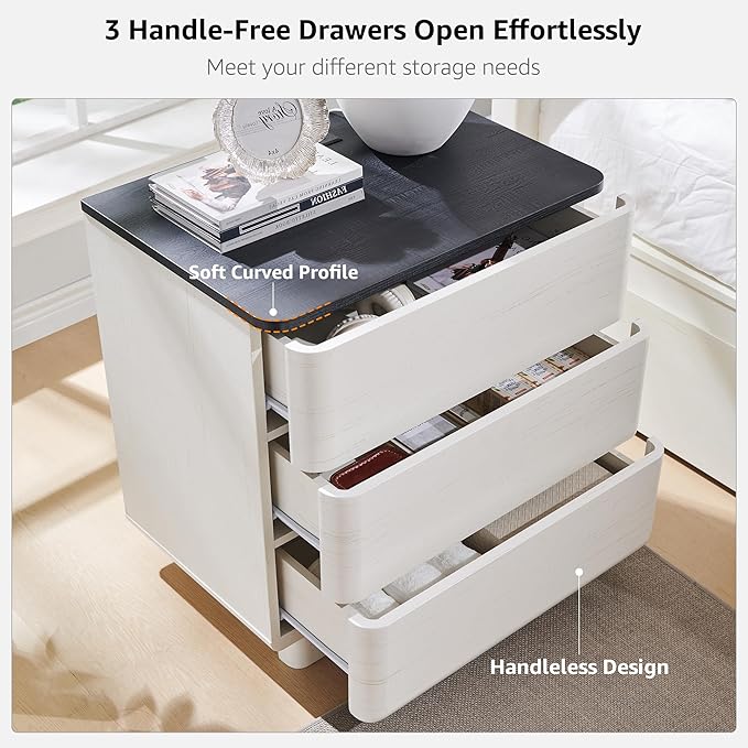 JXQTLINGMU 22" Modern Nightstand with Charging Station, Large Push-to-Open End Table, Wood Bedside Table w/Curved Profile Design, Handleless 3 Drawer Night Stand for Bedroom, Living Room, Off White