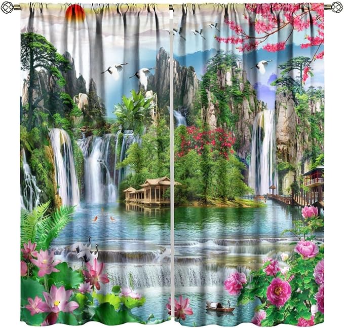 Waterfall Blackout Curtains, Forest Waterfall Rocky Lotus Fish Landscapes Print Window Drapes, for Living Room Bedroom 84" W X 84" L