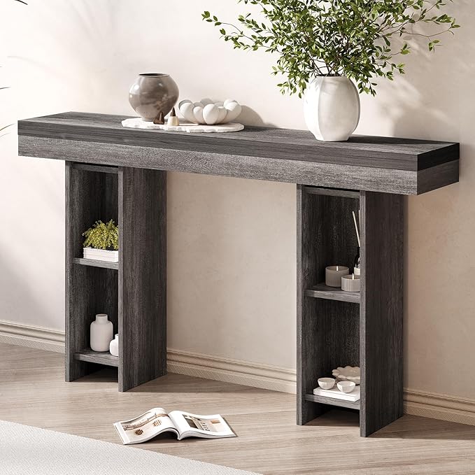 55Inch Farmhouse Console Table,Wooden Rectangular Sofa Table Behind The Couch,Entryway Console Table with Storage for Living Room, Hallway,Entrance (Grey)