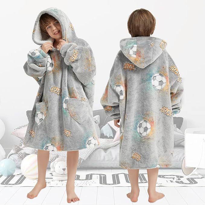 Fiosnow Glow in the Dark Football Blanket Hoodies for Kids 6-13YR Oversize Wearable Blanket Hoodies for Boys Girls Teens