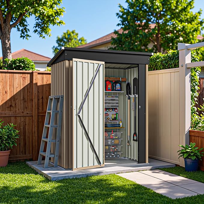 Greesum 5×3FT Outdoor Storage Shed, Metal Patio Storaged Sheds with Lockable Doors, Sheds & Outdoor Storage for Bike, Backyard, Pool and Garden, Brown