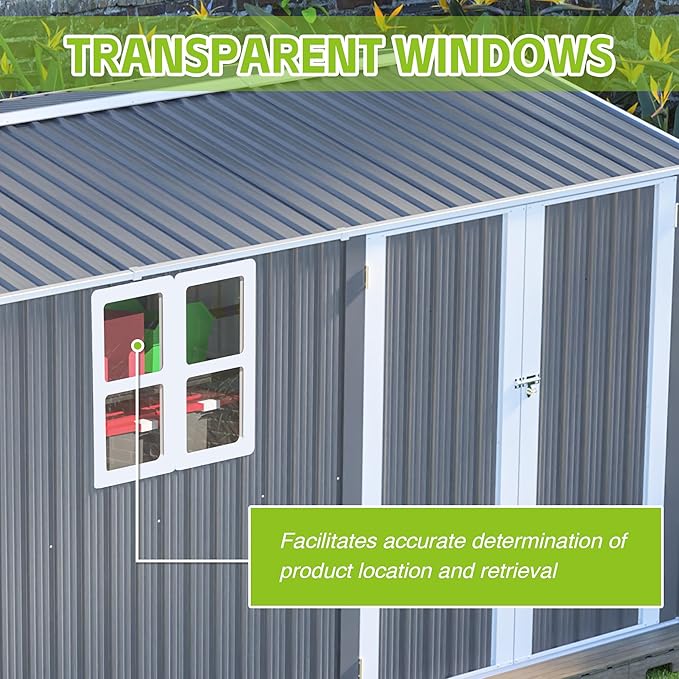 8x12 Ft Storage Shed Outdoor, XL Heavy-Duty Steel Building with Window – Features Hinged Gray Doors & 4 Air Vents for Backyard, Garden, Patio (Gray)