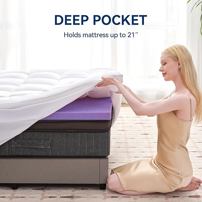 BDEUS Dual Layer 5 Inch Memory Foam Mattress Topper Queen Size, 2 Inch Gel Memory Foam Plus 3 Inch 1450 GSM Down Alternative Quilted Pillow Top Mattress Pad Cover,White