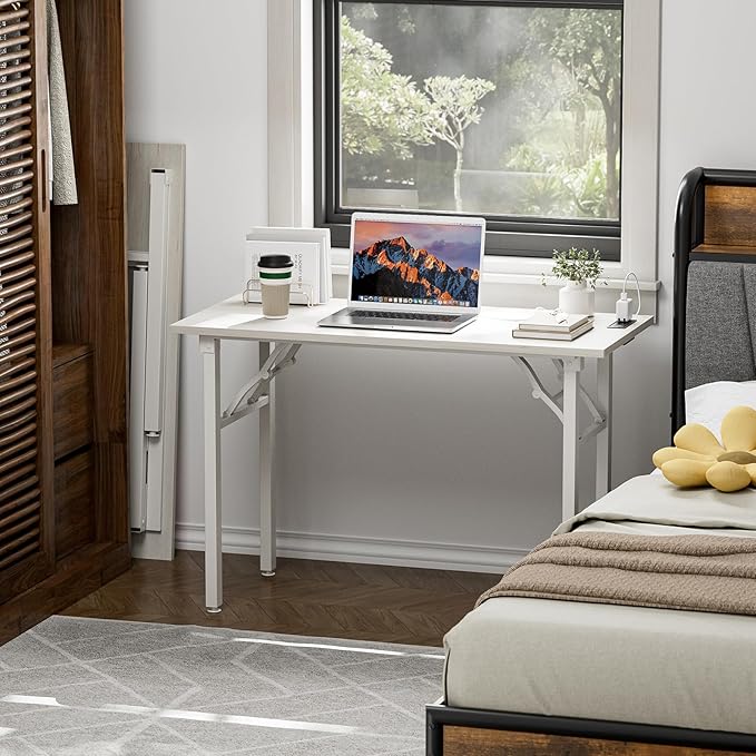 TEMI Small Computer Desk Folding Table - No Assembly, Compact 43.3" Foldable Desk with Power Outlets & USB Charging Port, Portable Small Office Desk, Ideal Mini Study Table for Narrow Spaces,White Ash