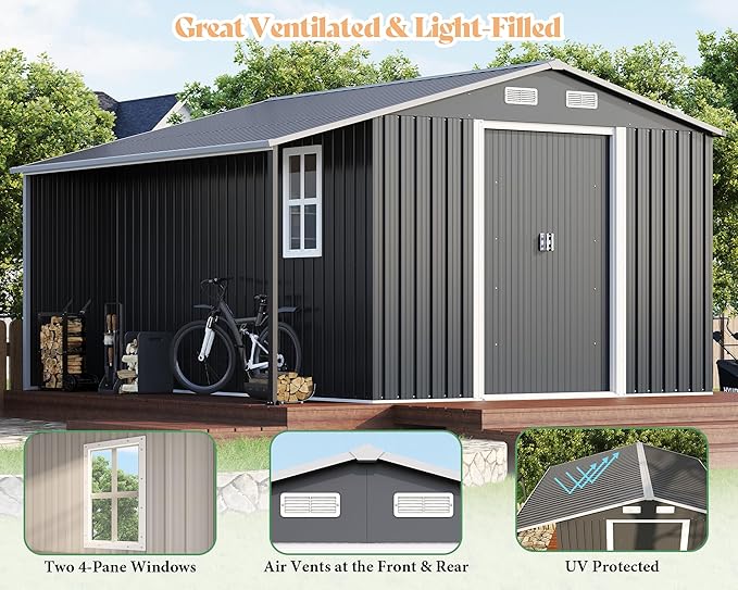 AMERLIFE 10.6x10.3x6.3 FT Galvanized Metal Storage Shed with Open Firewood Storage Area, Sliding Doors & Ramp, 2 Windows & Vents, Weather-Resistant Outdoor Tool/Garden Shed, Dark Gray
