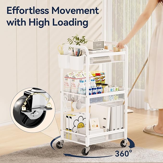 YASONIC 3 Tier Rolling Cart – Metal Utility Storage Carts with Wheels, Craft Carts Organizer with Hanging Cups, Hooks, Mesh Basket for Bedside Kitchen Office Art, White