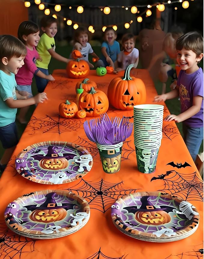 Halloween Paper Plates,Cups,Forks(96Pcs)-Disposable Party Plates Heavy Duty,Party Supplies Tableware Set|Paper Plates 9 inch & 7 inch,Spooky Decor(Flying Pumpkin,Ghost,Zombie,Bat) for Kids Halloween