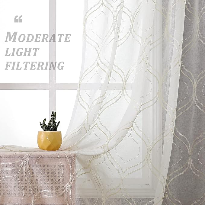 VISIONTEX White Sheer Curtains 54 Inch Length 2 Panels Set Beige Moroccan Embroidered Curtains Trellis French Textured Rod Pocket Voile Tulle Semi Window Drapes for Bedroom Living Room 54 x 54 Inches