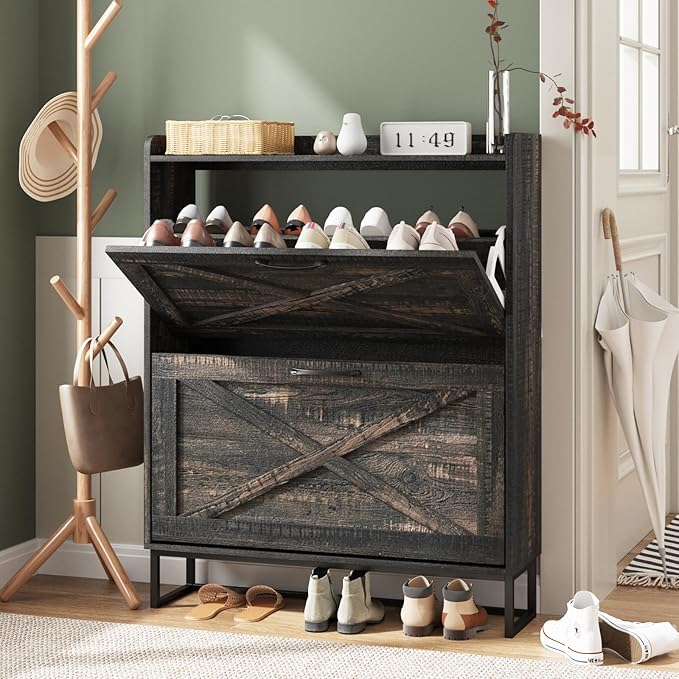 Maupvit Shoe Storage Cabinet with 2 Flip Drawers, Freestanding Organizer with Metal Legs for Entryway, Narrow Shoe Rack Cabinet, Dark Rustic Oak
