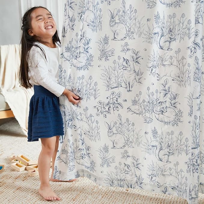 jinchan Linen Nursery Curtains 63 inch Long Woodland Wildlife Blue Print Drapes for Kid's Room Light Filtering French Country Farmhouse Curtains with Bunny and Forest Design Set of 2 Panels