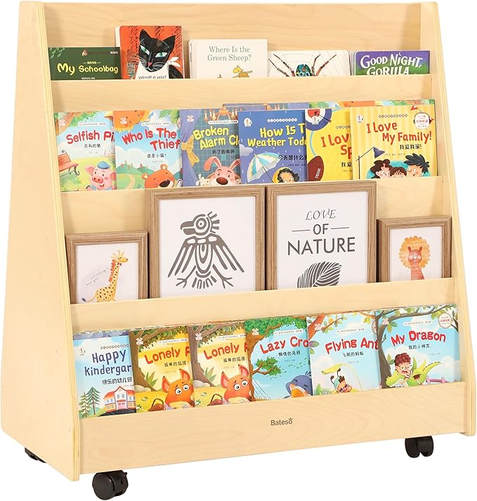 Kids Bookshelf for Toddlers and Babies, Double-Sided Wooden Montessori Bookshelf for Kids Room, Baby Book Shelf with Storage for Nursery, Classroom, Playroom