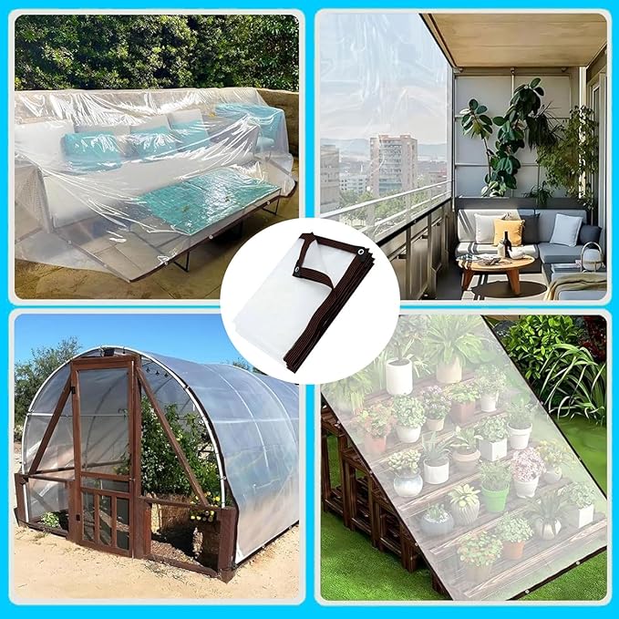 7x11 FT Clear tarp Waterproof Heavy Duty,Plastic Tarp Edge Heat Fused Rope+Tie-Downs, with Outdoor Patio Enclosure Chicken Coop Cover Waterproof Transparent Tarpaulin, for Porch Greenhouse Plant