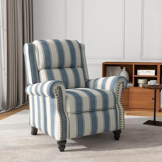 UIXE Pushback Recliner Chair Push Back Accent Chair, Fabric Overstuffed Armchair for Living Room, Rivet Trim Club Chair Home Theater Single Sofa Bedroom Reading Seat - Stripe Navy