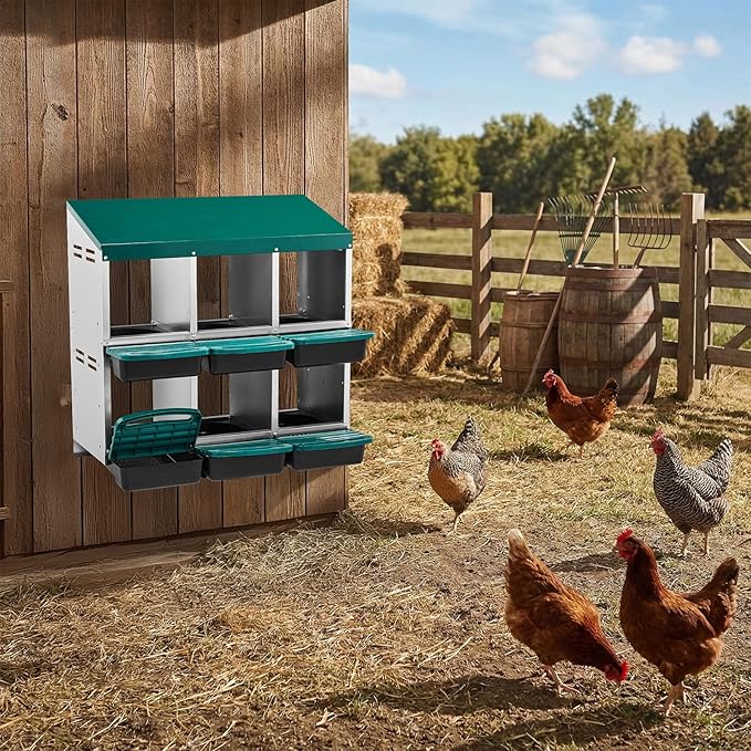 6-Hole Chicken Nesting Box with Roll Away Design Galvanized Steel Poultry Nesting Box for Hens Easy Clean Removable Trays for Backyard Coop 31.9 x 20.4 x 29 Inches