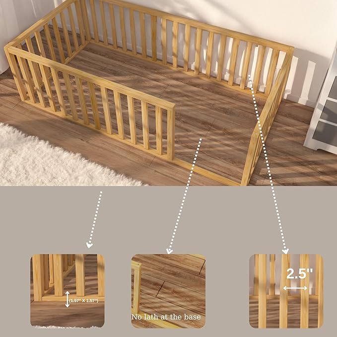 Montessori Floor Bed for Kids | Toodlers Floor Bed with Safety Guardrails | Pine Wood Baby Bed | Sturdy Wood Frame Bed for Girls and Boys (Full, Height : 17 Inches)