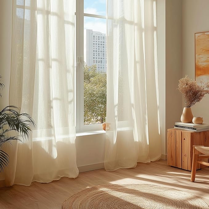 Dreaming Casa Ivory Sheer Curtains 84 Inches Long, Rod Pocket & Back Tab Light Filtering Textured Sheers for Living Room Bedroom, 2 Panels, Each 52" W x 84" L