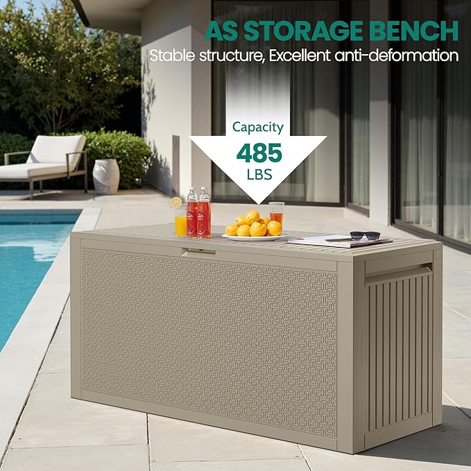 90 Gallon Outdoor Deck Box, Waterproof Outdoor Storage Box, Durable Resin Bin for Patio Cushions, Garden Tools and Pool Accessories, Lockable with UV Protection, Khaki, Patio Furniture