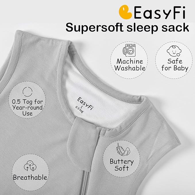 Supersoft Rayon Made from Bamboo Sleep Sack 3-6 Months Newborn Sleep Sack 0-3 Months 0.5 Tog Lightweight Baby Wearable Blanket with 2-Way Zipper Summer Unisex Sleeping Bag for Babies - Gray