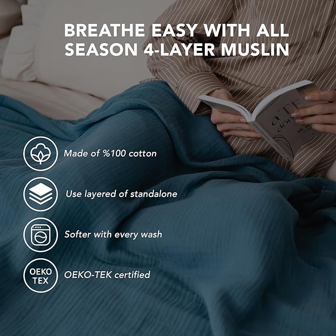 Goqan Muslin Blanket King Size 90x108 – 100% Cotton 4 Layer Boho Muslin Blanket for Adults, Lightweight, Soft, Breathable for Bed, Couch - Teal