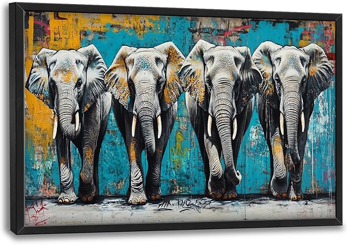 Olivine Elephant Large Wall Art, Banksy Elephants Pictures Wall Decor, Graffiti Elephant Family Canvas Prints Painting, Framed Artwork for Dining Room Living Room Bedroom Bathroom Office Home 36"x24"