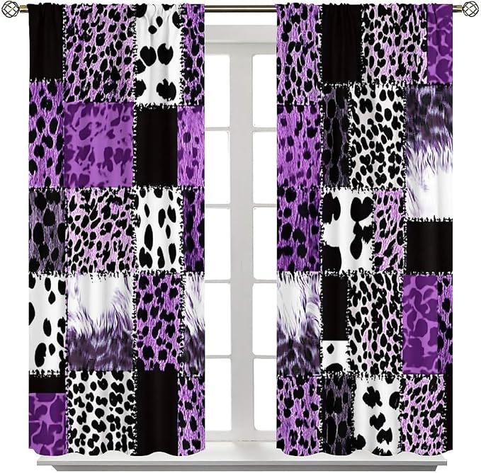 Brown Leopard Curtain, Purple Patchwork Cheetah Panthera Zebra Giraffe Print Safari Wildlife African Wild Animal Skin Window Curtains for Living Room Bedroom 42" W X 45" L