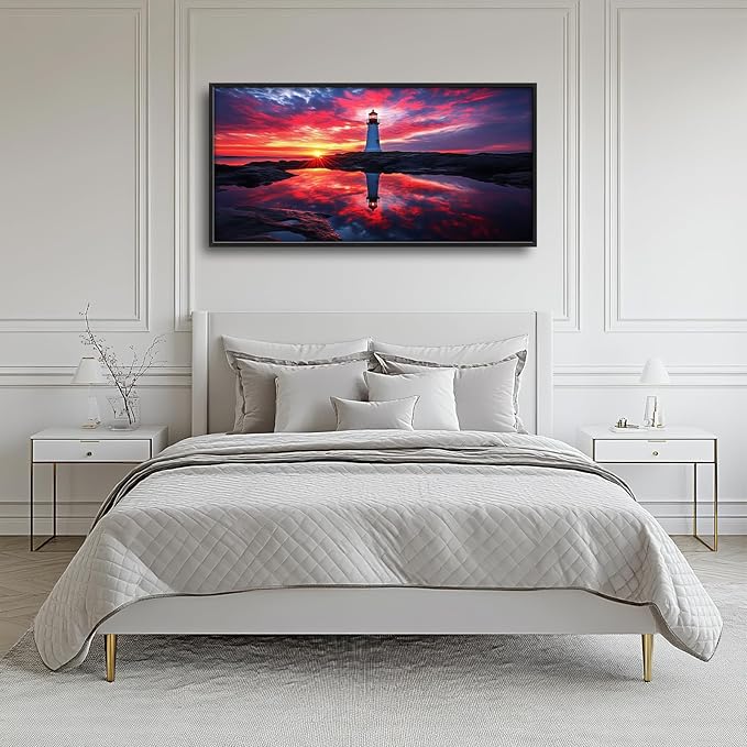 Olivine Lighthouse Wall Art, Nautical Coastal Pictures Wall Decor, Beach Sunset Paintings, Ocean Canvas Prints, Framed Artwork for Bathroom Bedroom Living Room Office Home Decoration 60"x30"