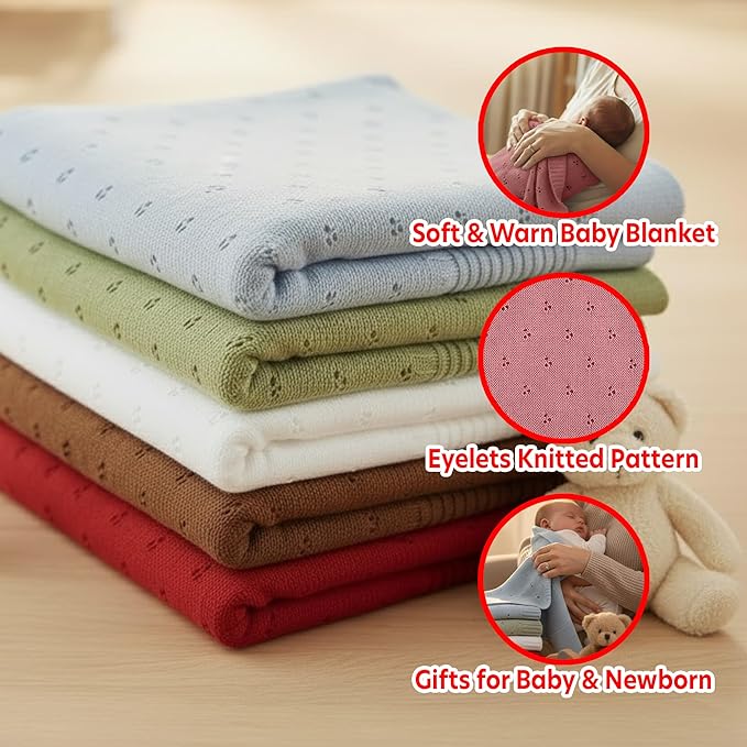 Baby Knit Blanket, 100% Cotton Eyelet Patterns, Soft, Cozy, Lightweight Swaddle for Newborn & Infant Swaddling Beige Neutral, Perfect Baby Shower Ideas Rose Pink 28x36