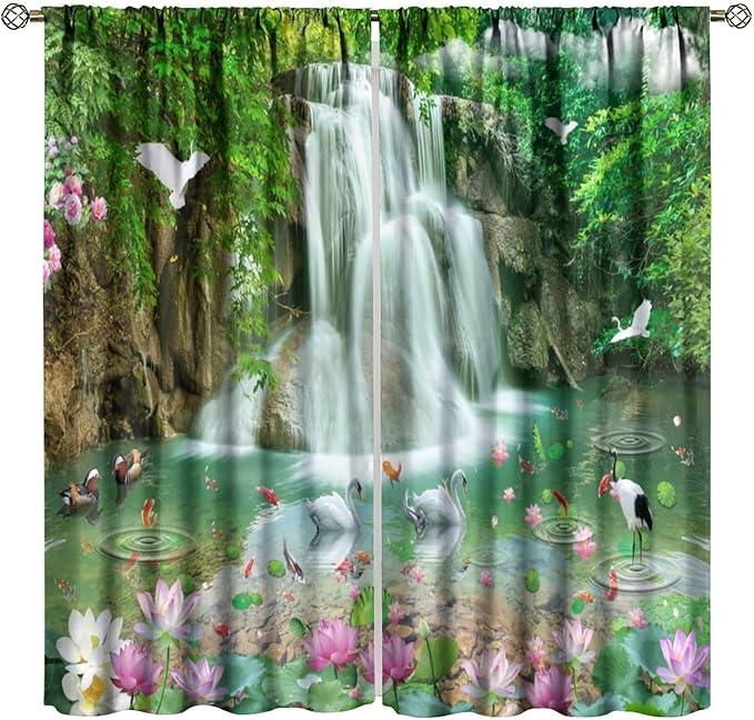 Scenery Waterfall Blackout Curtains, China Country Landscapes Nature Pattern Window Drapes, for Bedroom Living Room 55" W X 63" L