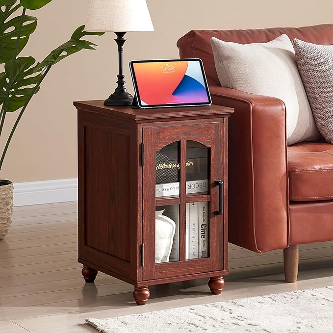 Narrow Side Table Set of 2,Farmhouse Nightstand with Charging Station,End Table with Glass Barn Door Storage, Cabinet Organizer with Adjustable Shelf, Night Stand for Small Spaces Living Room Bedroom