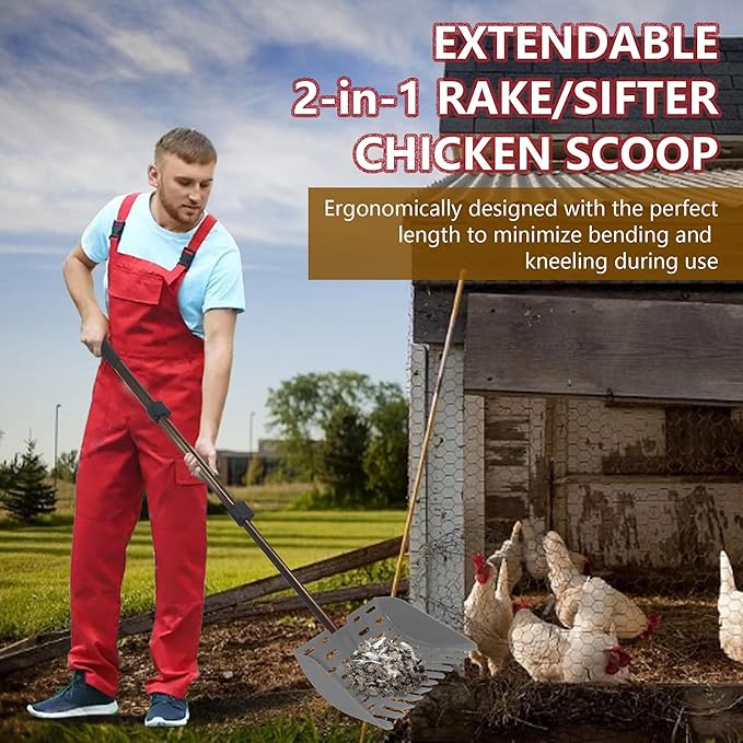 Chicken Dog Poop Scooper & Rake 2-in-1 Telescopic Chicken Litter Scoop for Chicken Coops & Small Farm Animals Sand Sifting Litter Shovel (Orange)