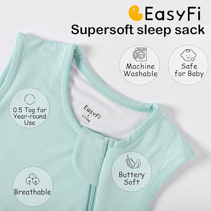 Supersoft Rayon Made from Bamboo Sleep Sack 3-6 Months Newborn Sleep Sack 0-3 Months 0.5 Tog Baby Wearable Blanket with 2-Way Zipper Summer Unisex Sleeping Bag for Babies (2 Pack) Green & Blue