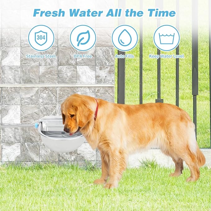 FHTONGE 304 Stainless Steel Automatic Water Dispenser with Drainage for Outdoor Big Dog, Large Auto Fill Dog Waterer Float Valves for Livestock Poultry Horse Cow Goat Pig Chicken Duck Rabbit Drinking