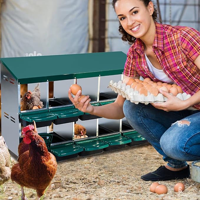 Chicken Nesting Boxes 10 Compartments Chicken Laying Boxes Roll Away Egg Collection Metal Poultry Nest Box with Perch and Lid Cover Free Standing Egg Laying Boxes for Hens Chicken