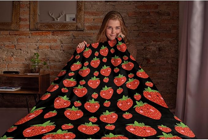 Thuswarm Cute Strawberry Kawaii Black Flannel Throw Blanket Warm Cozy Soft Funny Print Blankets for Bed Couch Sofa Room Decoration Gifts 40”×30” XSmall for Pets