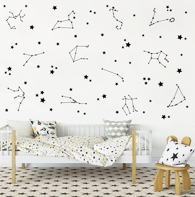 Constellation Wall Decals - Stars Wall Stickers for Nursery, Boys Bedroom, Kids Room - Vinyl Wall Decor Y85 (Black)