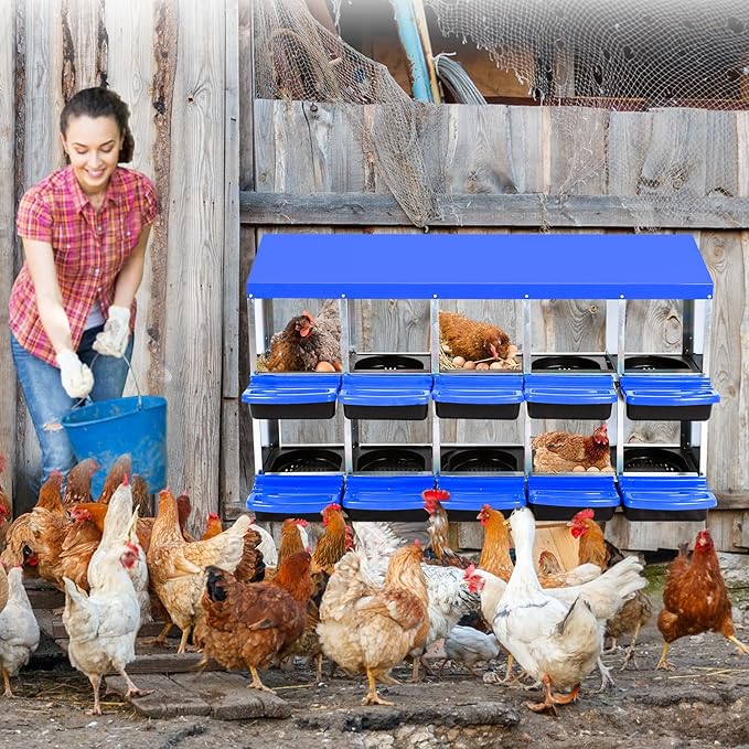 GarveeLife Chicken Nesting Box, 10 Compartments Nesting Boxes for Chickens, Chicken Laying Boxes, Roll Away Nesting Box for Chickens Laying Egg with Lid Cover to Protect Eggs, Blue