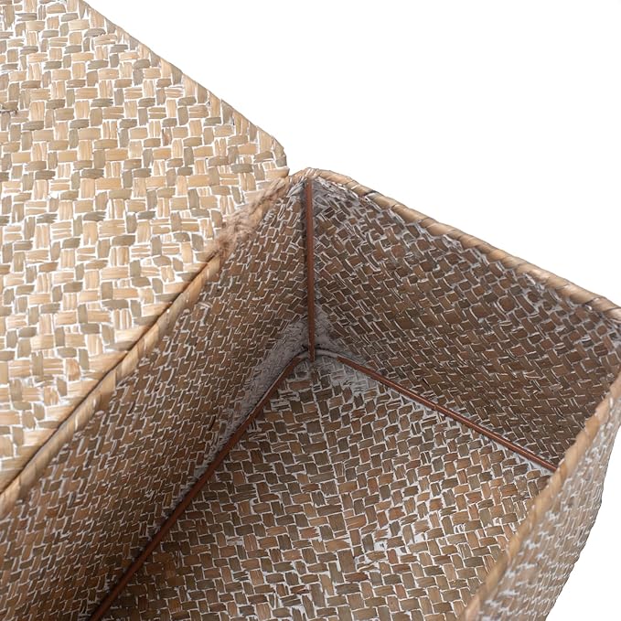 Wicker Basket with Lid, Seagrass Storage Basket, Woven Decorative Storage Baskets for Shelf Organizing, Whitewash