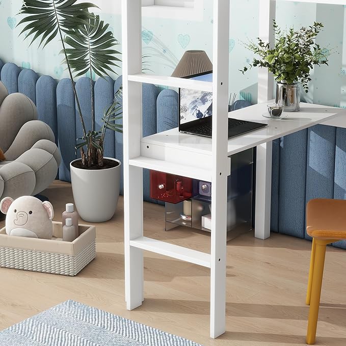 HomSof Twin Loft Bed with Built-in Desk,White