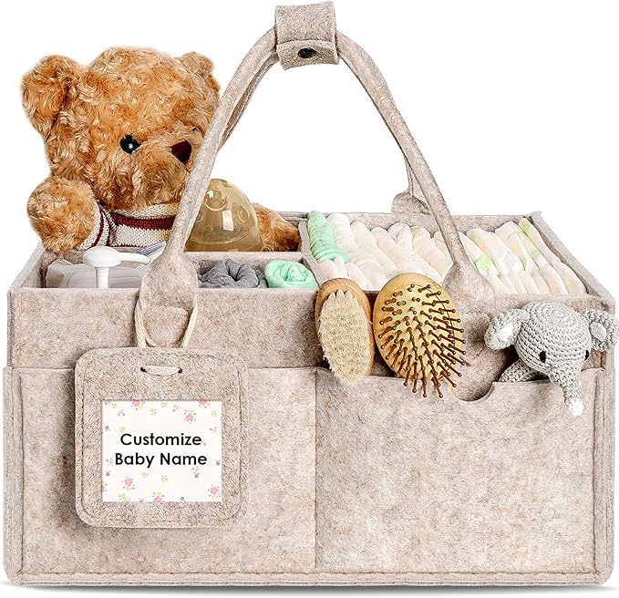 GEMII Diaper Caddy Organizer - Large Baby Caddy Organizer with Handle for Newborn Essentials Boy or Girl (Oatmeal, Large)