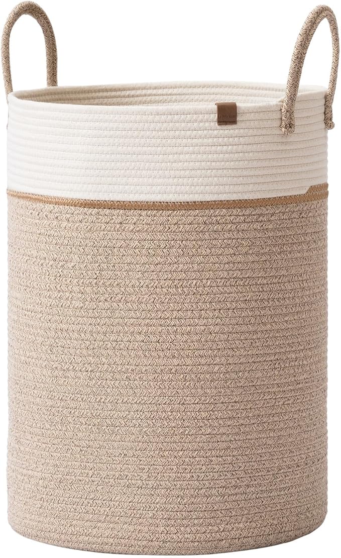 LA JOLIE MUSE Woven Basket Rope Storage Baskets - Tall Cotton Basket, Laundry Basket for Blanket, Kids Toy, Nursery Clothes Hamper Basket-L