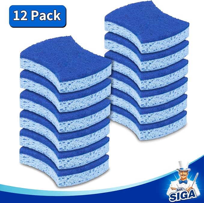 MR.SIGA Non-Scratch Cellulose Scrub Sponge, Dual-Sided Dishwashing Sponge for Kitchen, 12 Pack