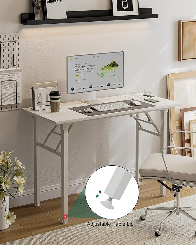 Frylr Small Folding Computer Desk – 43.3 Inch Portable Table for Craft and Study, Lightweight Desk for Small Spaces, Foldable Laptop Table Built-in AC/USB Outlets for Convenience, White