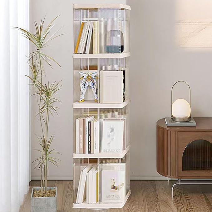 4 Tier Rotating Bookshelf Tower,360 Display Rotating Bookshelf,53.4 inch High Small Space Revolving Bookcase, Home Office Spinning Bookshelf Tower(Rectangular, White)