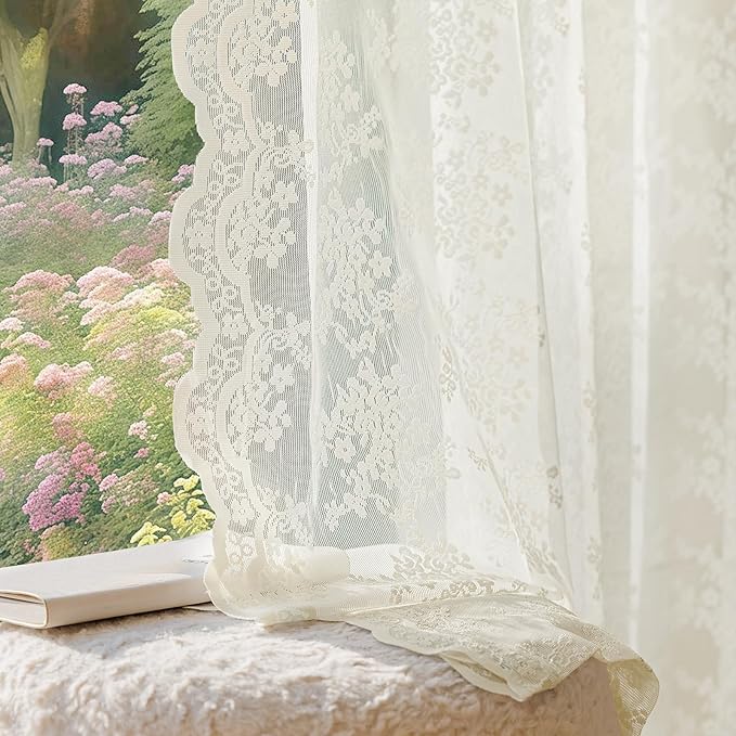 Anmao Vintage Lace Curtains 54 Inches Long 2 Panels Set, Romantic Elegant Light Filtering Semi Sheer Floral Thick Lacy Curtain Drapes for Living Room and Bedroom, Each Panel 55W x 54L, Ivory