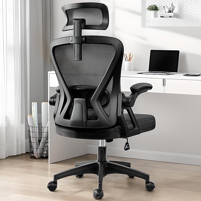 Ergonomic Office Chair, Home Office Desk Chair with Headrest, High Back Mesh Chair with Flip-up Armrests, Comfy Desk Chair with Lumbar Support, Rolling Swivel Task Computer Chair for Home Office
