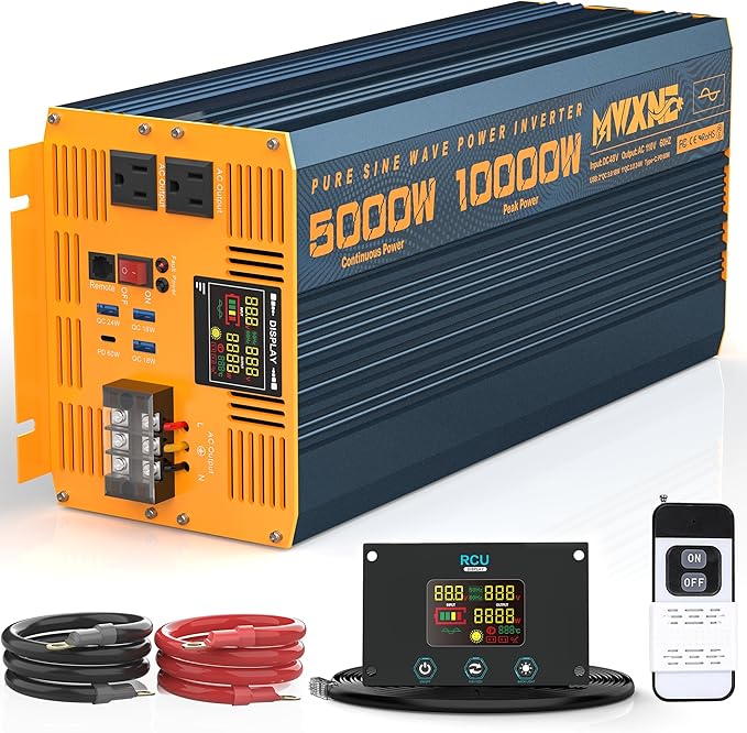 5000 Watt Power Inverter Pure Sine Wave 48V DC to 110V 120V 10000W Peak Heavy Duty Inverter with Remote Control and LED Display, 4 USB/Type-C Ports & 2 AC Outlets Car Charger for Vehicles RV
