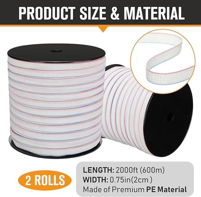 2 Rolls 3/4 Inch x 1640 ft Electric Fence Tape for Livestock Polytape Fencing Horse Fence with High Visibility